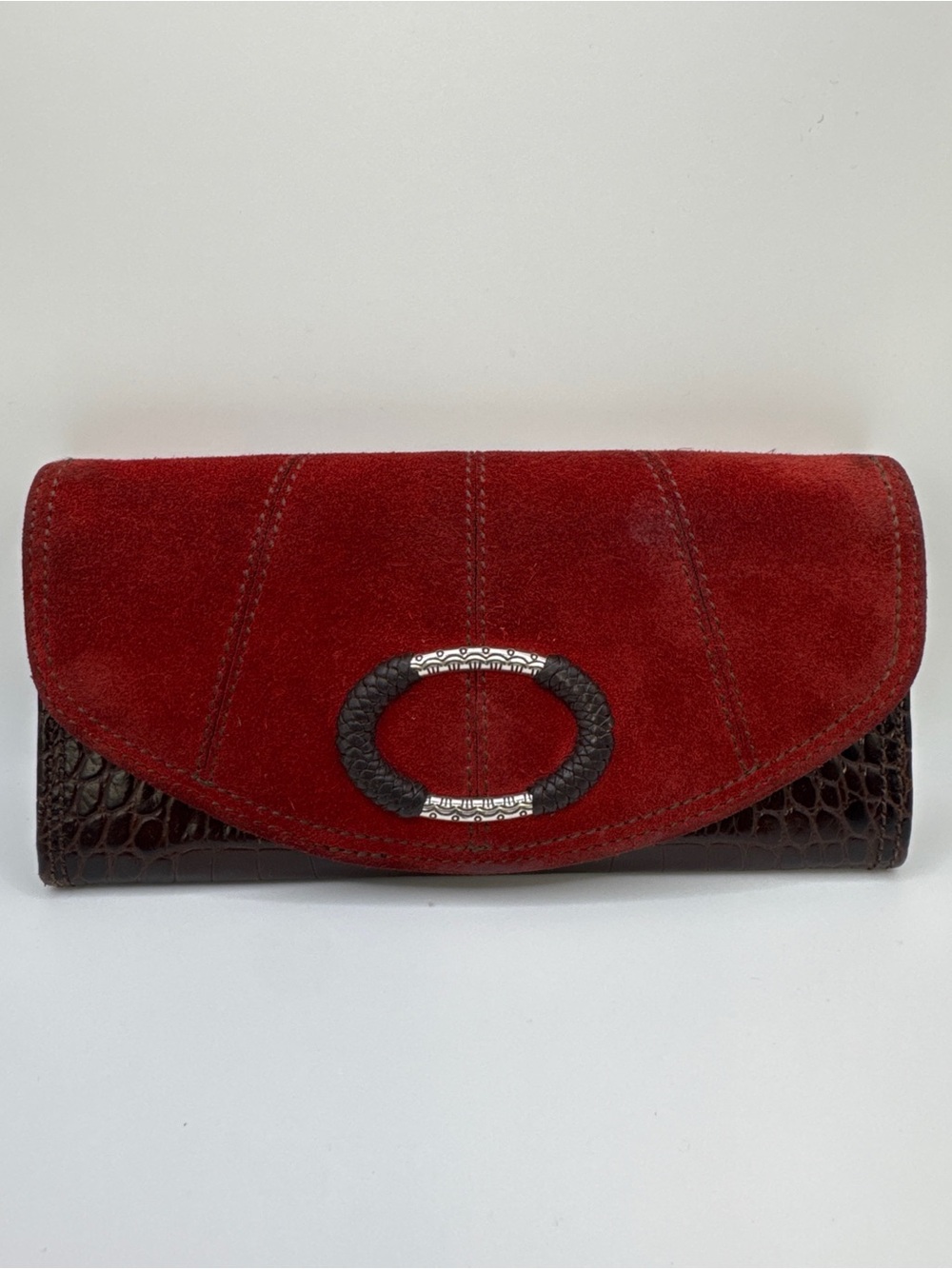 Brighton Red Suede & Brown Croc Embossed Leather Clutch Wallet Organizer